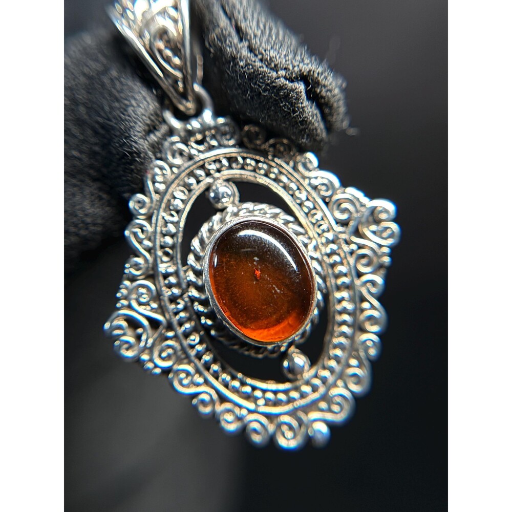 Vintage Sterling Silver 925 Amber Ornate Filigree Pendant